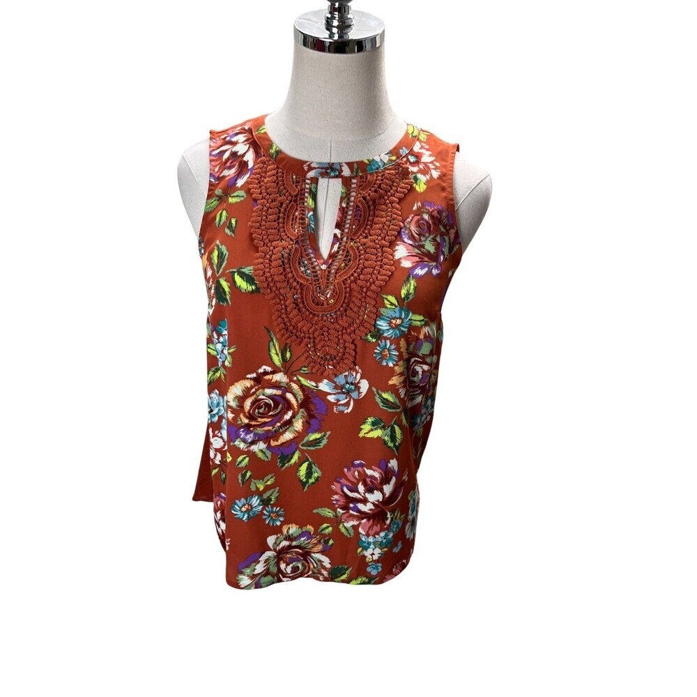 Daniel Rainn Top Women's Size PXS Petite Orange Floral Lace Accents Sleeveless